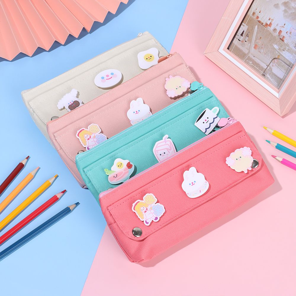 Cute Girly Heart Cartoon Brooch Pencil Bag Pencil Case Stationery Storage Bags Canvas Pencil Bag Organizer School Supplies